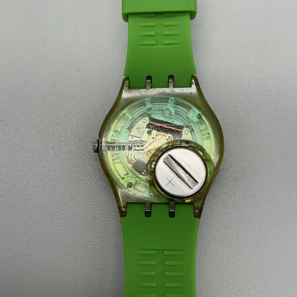 Swatch Color the Sky Mens Watch 34mm Rainbow Dial Green Strap New Battery